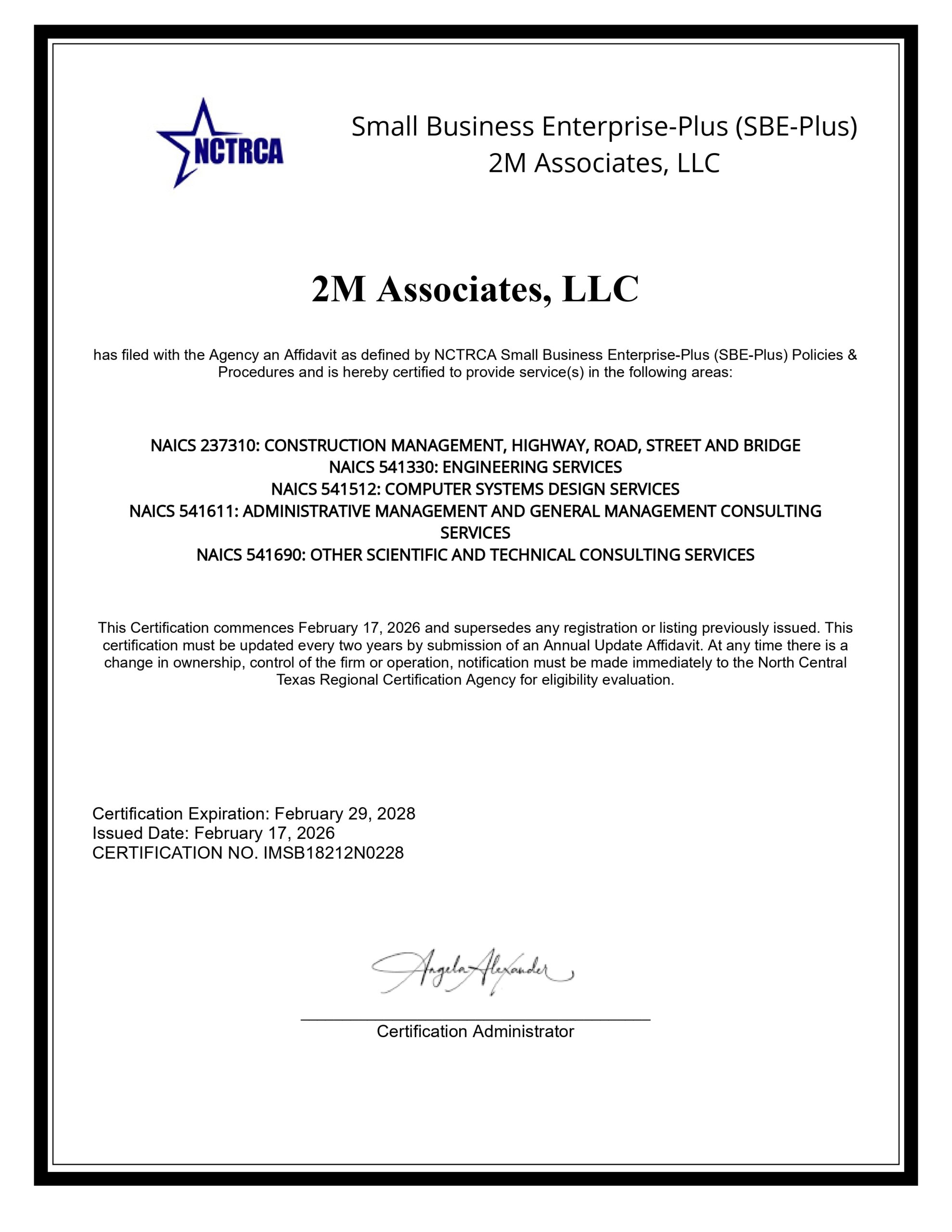 SBE-PLUS CERTIFIED BY NCTRCA